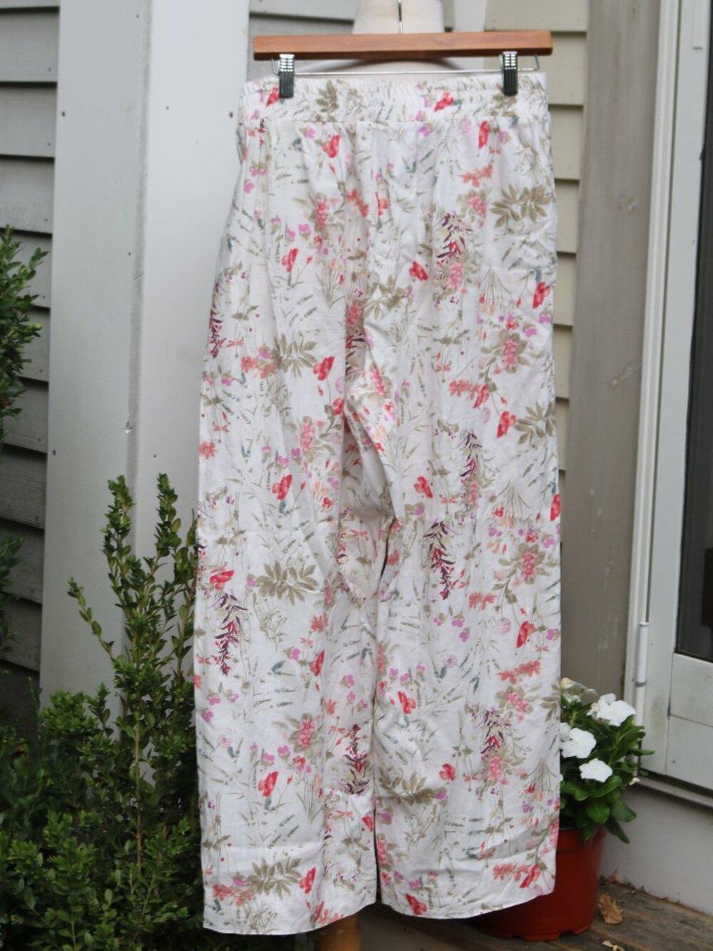 Sigrid Olsen Nordstrom Cream Pink Floral Linen Blend Wide Leg Pullon Pants Sz S